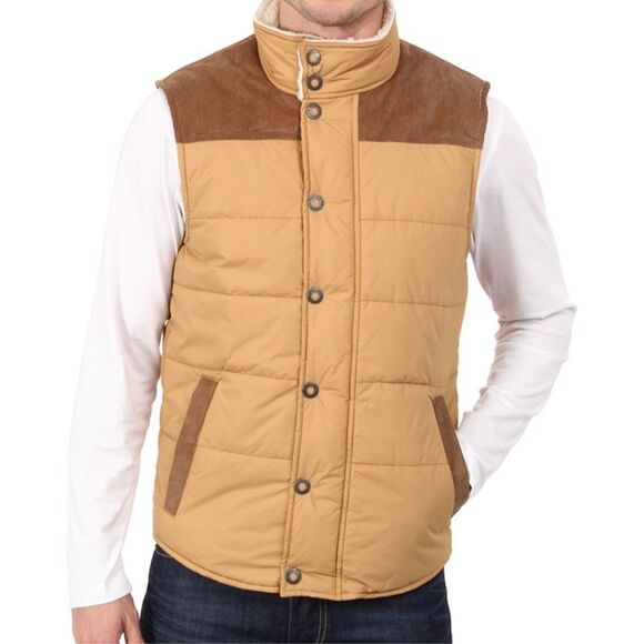 PrAna Waylen Corduroy Puffer Tan & Brown Metal Button Snap Up Vest Men's Medium - Picture 1 of 12